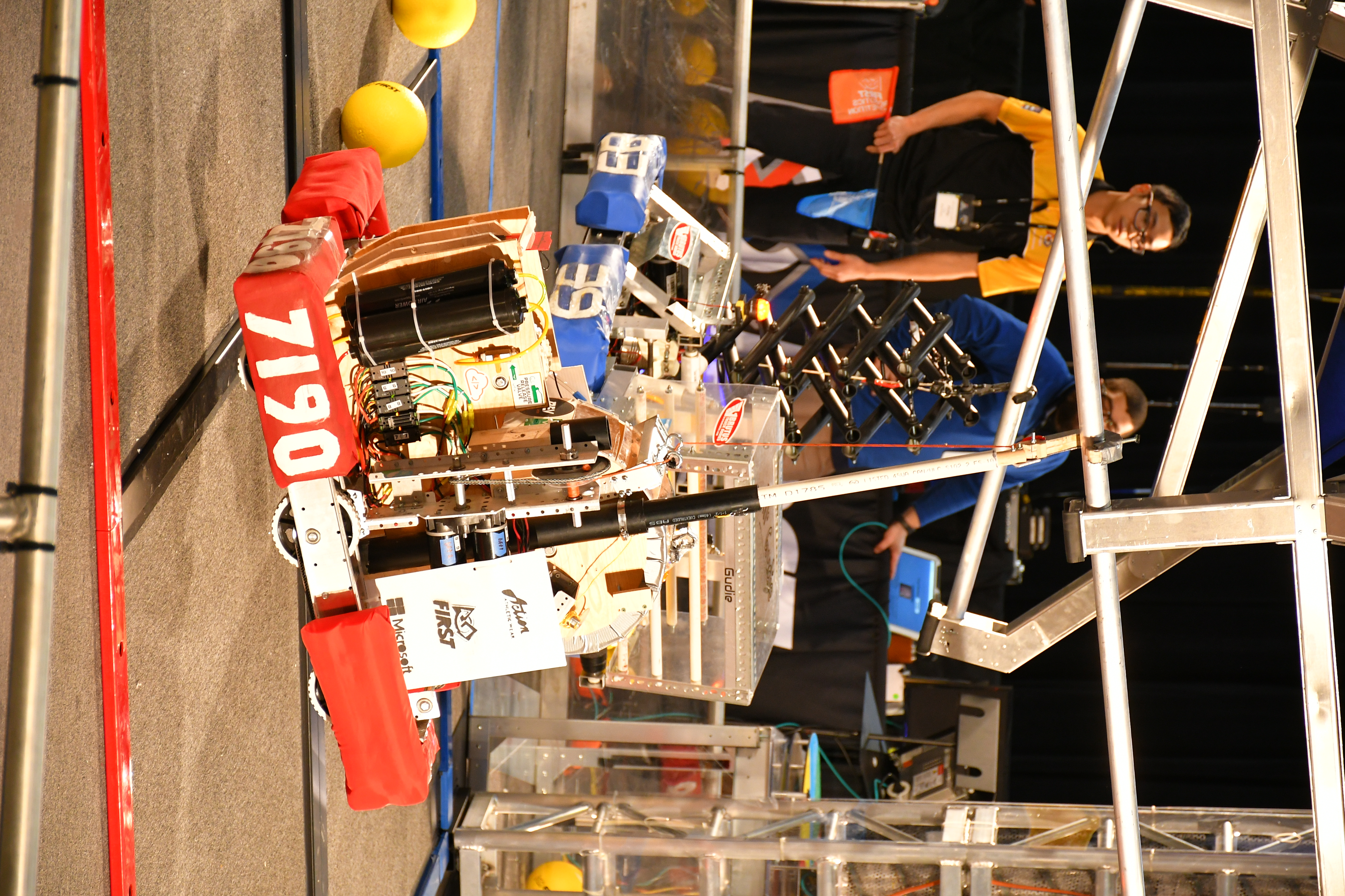 Hazel, our Infinite Recharge 2020 Robot, hanging from the Shield Generator Switch.