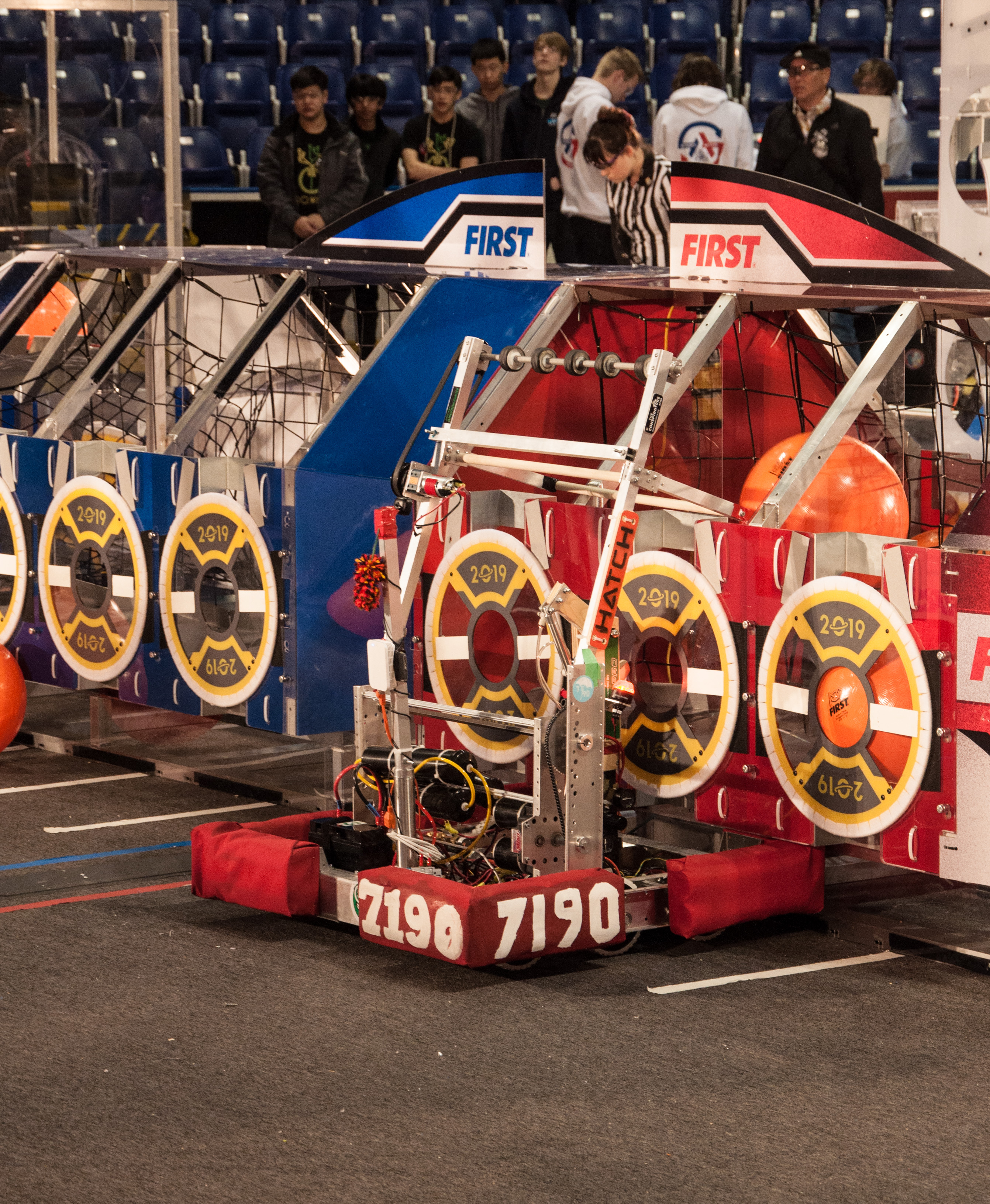 Wubot, our Deep Space 2019 Robot, depositing cargo into the Cargo Ship.